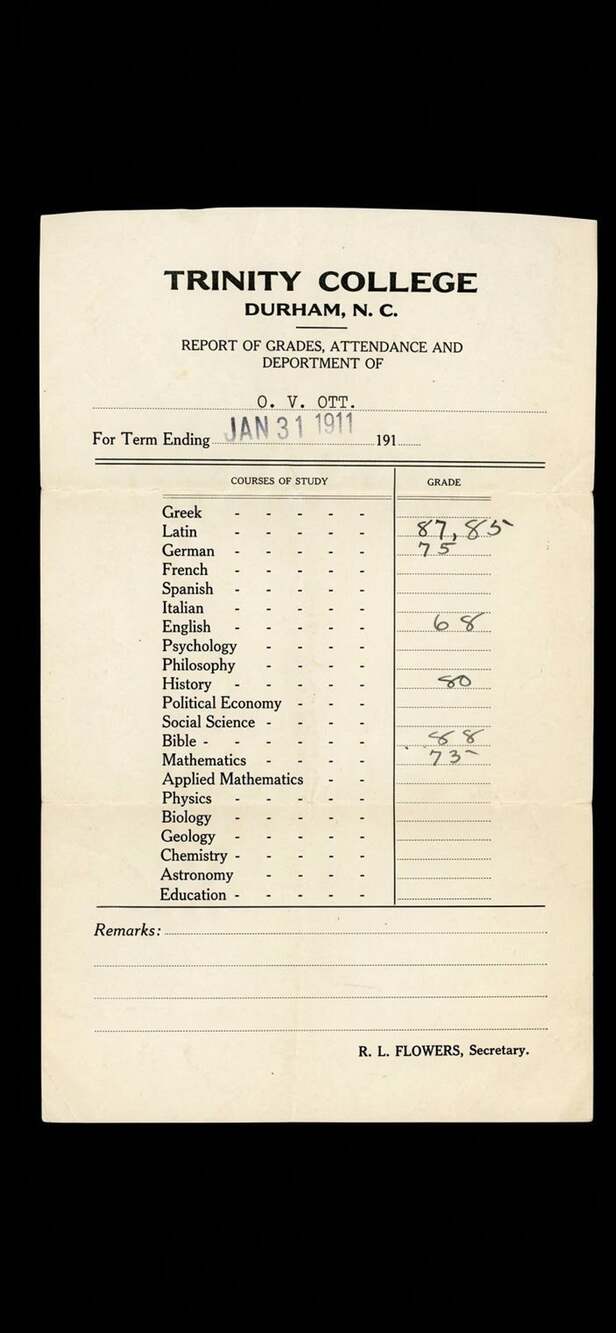 1911 Trinity College AKA Duke University memorabilia, student grade report card